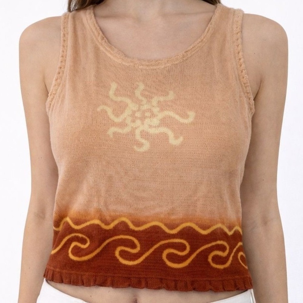 Vtg Y2K Sun & Wave Knit Tank Top Boho Whimsigoth Crochet Cami Celestial Ombre S
